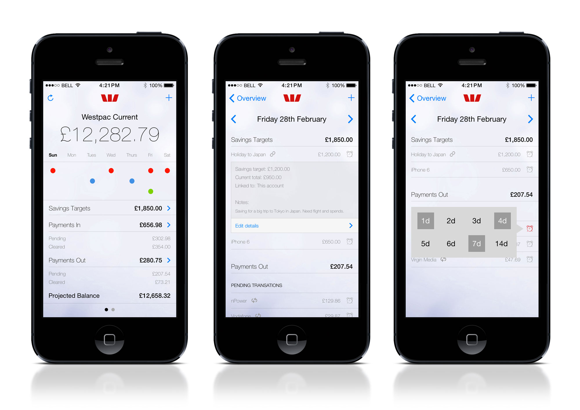 home screen, payment details, alert timer popup